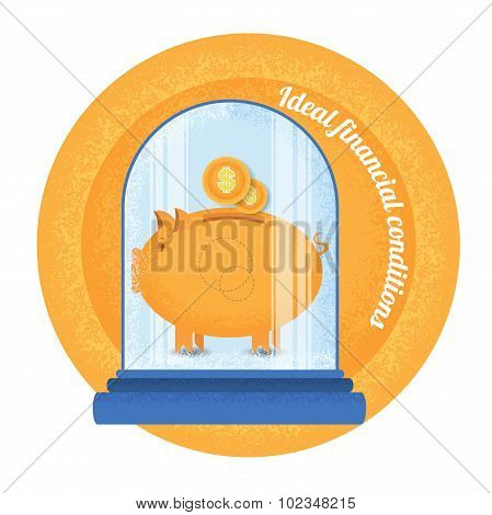 Ideal financial condition.Piggy bank stand under the bulb.Vintage retro style ideal financial condition icon on orange circle background