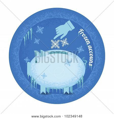 Frozen accounts.Piggy bank stand frozen with icicle and snowflakes.Vintage retro style icon on blue circle background
