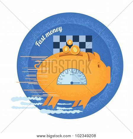 fast money.Piggy bank with speedometer fast run.Vintage retro style icon on blue circle background
