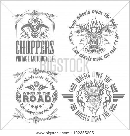 Vintage motorcycle labels, badges and design elements on light background