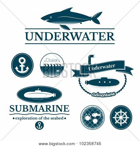 Set of labels and badges underwater