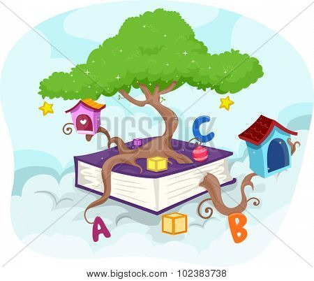 Illustration of a Tree Growing Out of a Giant Book