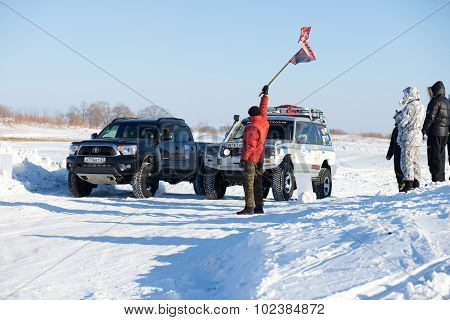 Khabarovsk, Russia - January 31, 2015: Start Of Off Road Winter Sprint Race