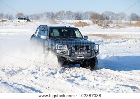 Khabarovsk, Russia - January 31, 2015: Nissan Patrol During Off Road Winter Sprint Race