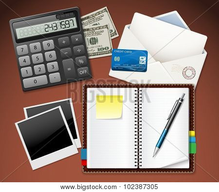 Workplace office and Business work elements set. Envelope, Money, Photos, Credit Card, Calculator, Notebook, Pen. Illustration vector EPS10