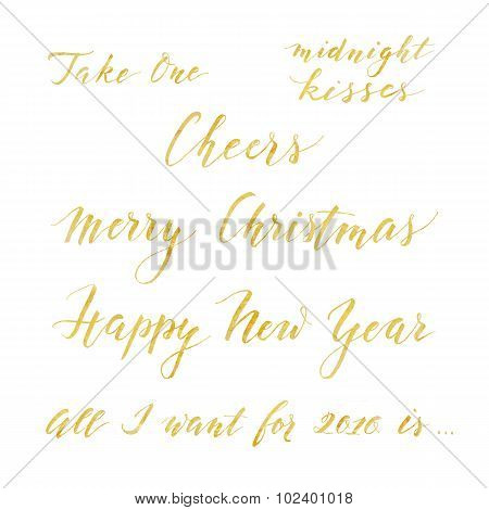 Set of hand drawn inscriptions with golden foil texture