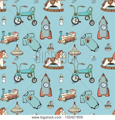 Baby, Child Toys Hand Drawn Elements Seamless Pattern. Skeched Doodle Elements Train, Bicycle, Horse