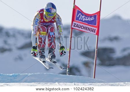 ZAUCHENSEE AUSTRIA. 07 JANUARY 2011.  Lindsey Vonn (USA) takes to the air during the second official training run for the downhill race part of FIS Alpine World Cup, in Zauchensee Austria.