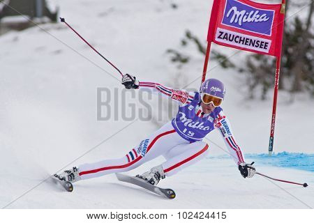 ZAUCHENSEE AUSTRIA. 08 JANUARY 2011.  Ingrid Jacquemod (FRA) speeds down the course competing in the downhill race part of FIS Alpine World Cup, in Zauchensee Austria.