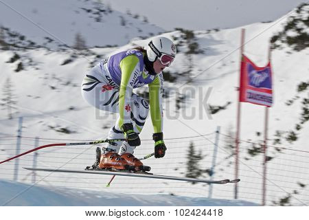 ZAUCHENSEE AUSTRIA. 06 JANUARY 2011.  Isabelle Stiepel (GER) takes to the air in the first training run for the downhill race part of FIS Alpine World Cup, in Zauchensee Austria.