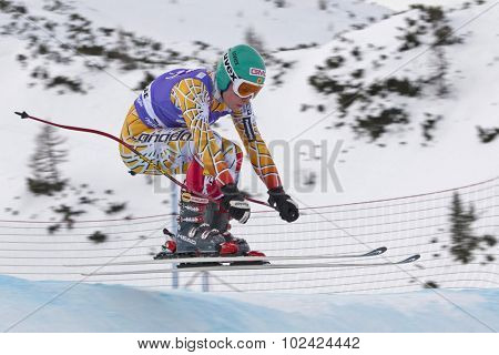 ZAUCHENSEE AUSTRIA. 06 JANUARY 2011.  Georgia Simmerling (CAN) takes to the air in the first training run for the downhill race part of FIS Alpine World Cup, in Zauchensee Austria.