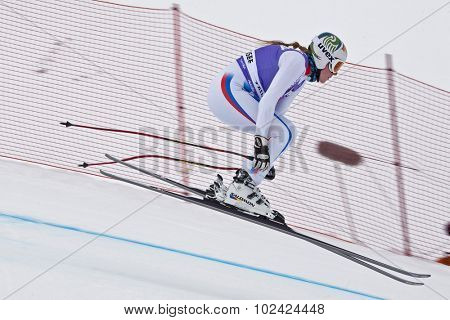 ZAUCHENSEE AUSTRIA. 06 JANUARY 2011.  Aurelie Revillet (FRA) takes to the air in the first training run for the downhill race part of FIS Alpine World Cup, in Zauchensee Austria.