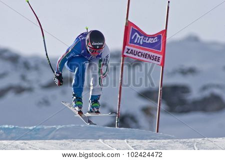 ZAUCHENSEE AUSTRIA. 07 JANUARY 2011.  Johanna Schnarf (ITA) takes to the air during the second official training run for the downhill race part of FIS Alpine World Cup, in Zauchensee Austria.