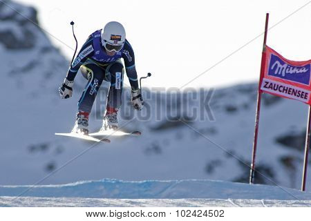 ZAUCHENSEE AUSTRIA. 07 JANUARY 2011.  Lotte-Smiseth Sejersted (NOR) takes to the air during the second official training run for the downhill race part of FIS Alpine World Cup, in Zauchensee Austria.
