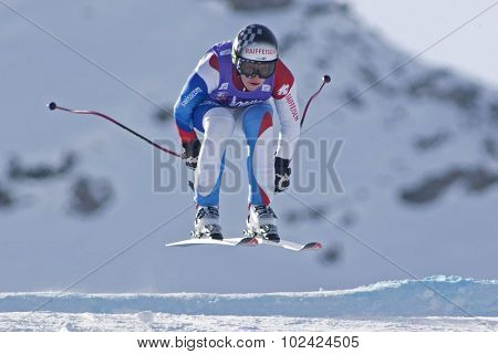 ZAUCHENSEE AUSTRIA. 07 JANUARY 2011.  Lara Gut (SUI) takes to the air during the second official training run for the downhill race part of FIS Alpine World Cup, in Zauchensee Austria.