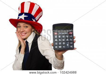 Woman with calculator isolated on white