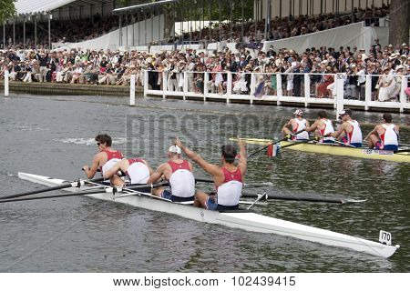 HENLEY, ENGLAND. 04-07-2010.  Princeton T C, USA (L) and  Club France, FRA (R) competing in The Stewards Challenge Cup on day 5 of the Henley Royal Regatta 2010 held on the River Thames.  