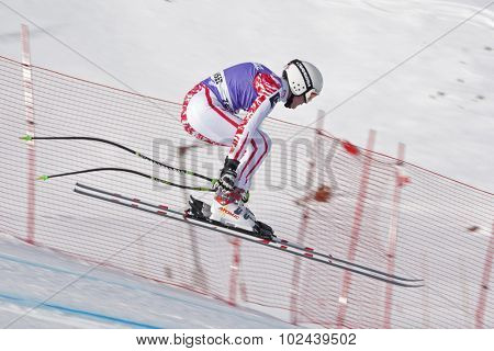 ZAUCHENSEE AUSTRIA. 06 JANUARY 2011.  Andrea Fischbacher (AUT) takes to the air in the first training run for the downhill race part of FIS Alpine World Cup, in Zauchensee Austria.