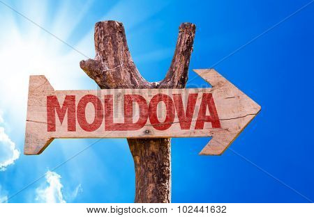 Moldova wooden sign with sky background