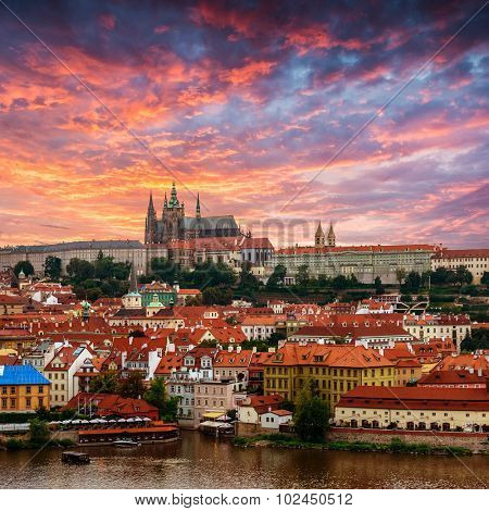 View of old town and Prague castle with Vitava River, Czech Republic