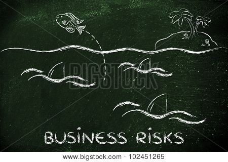 Small Fish Jumpying Out Of A Sea Full Of Sharks, Concept Of Preventing Business Risks