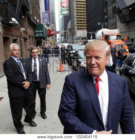NEW YORK CITY - TUESDAY, SEPTEMBER 22, 2015: Republican presidential candidate Donald Trump arrives for a taping of CBS television's The Late Night with Steven Colbert. 