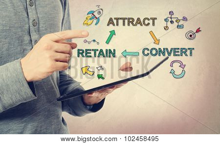 Young Man Pointing At Customer Acquisition Concept Over A Tablet