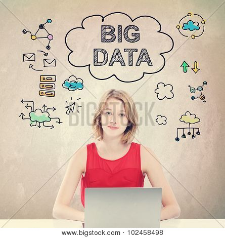 Big Data Concept With Young Woman Working On Laptop