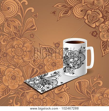 Cup of coffee visit card decorate doodle flowers  for invitation on mitting or advertising coffee or print on cup or visit card