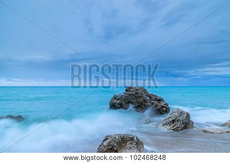 Stormy Kathisma Beach, Lefkada Island in Ionian Sea, Greece.