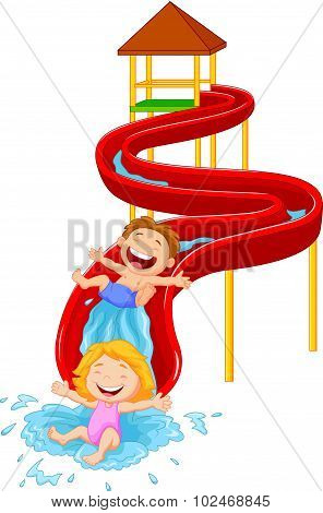 Happy children on water sliding