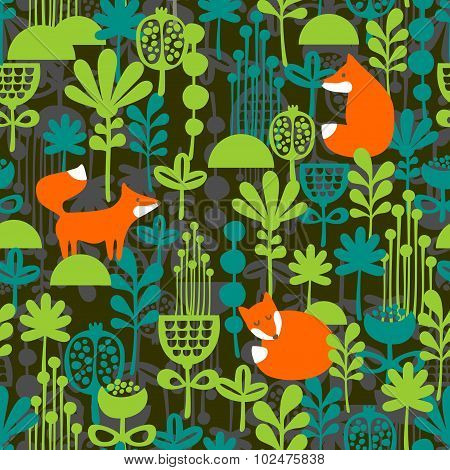 Fox in night forest seamless pattern.