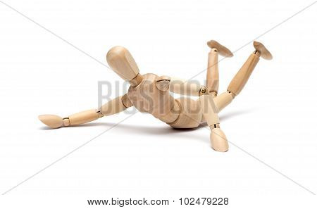 wooden figure mannequin falling down isolated on white
