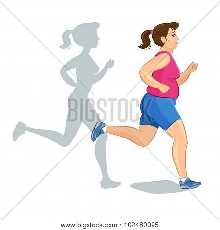Active Fat Young Jogging Woman, Loss Weight Cardio Training. Vector Illustration.