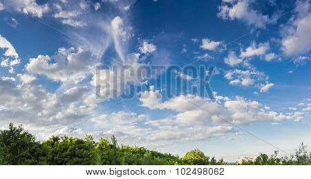 Sky With Cumulus Clouds And Cirrus Cloud On A Background Of Trees