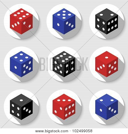 Red, Blue And Black Casino Dice On A White Background.