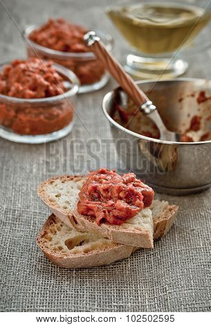 Appetizer, Balkan Red Pepper Relish. Close-up.