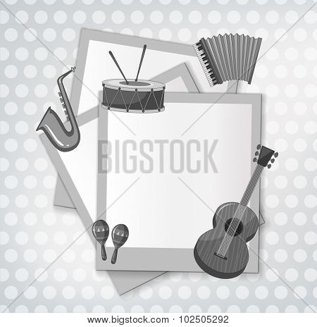 Notecard with music instrument in black and white illustration