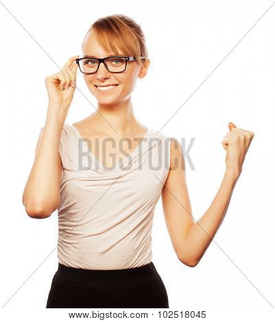 Business, finance and people concept: young business woman in glasses