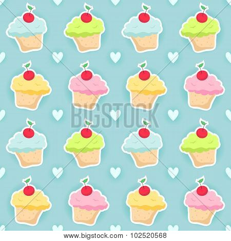 Seamless Pattern With Cupcakes And Hearts