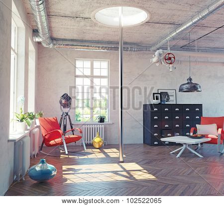 the modern loft interior with  fire pole  concept design (3d render)