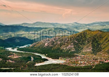 Katun River Near Manzherok Lake, View From The Top Of Ski Lift