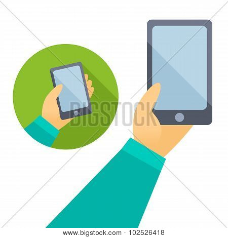 Man's Hand Holding Phone In Flat Design