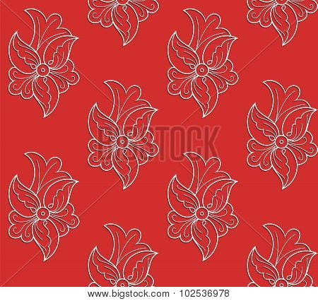 White Floral Seamless Pattern On A Red Background.