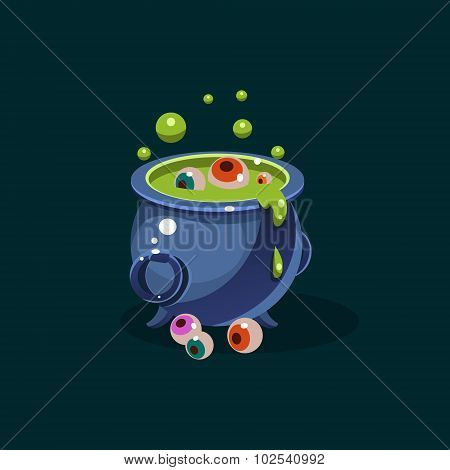 Vector black witches cauldron with green potion and eyes