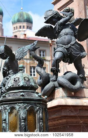 Putto Statue On The Marienplatz In Munich, German