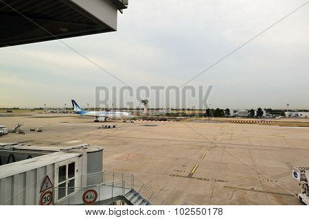 PARIS - AUGUST 08, 2015: view from terminal of Orly Airport . Paris Orly Airport is an international airport located partially in Orly and partially in Villeneuve-le-Roi, 7 NM south of Paris, France