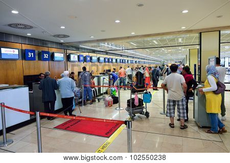 PARIS - AUGUST 08, 2015: Orly Airport interior. Paris Orly Airport is an international airport located partially in Orly and partially in Villeneuve-le-Roi, 7 NM (13 km; 8.1 mi) south of Paris, France