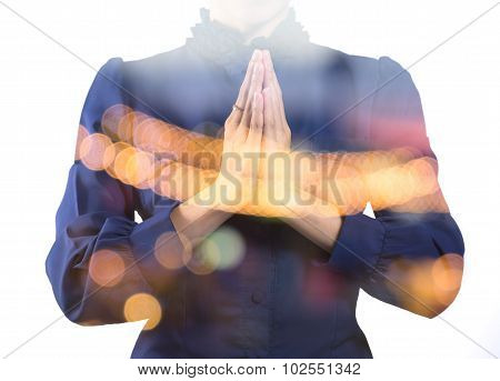 Double Exposure Adult Young Pretty Business Woman Sawatdee And Bokeh 1