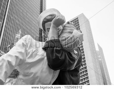 NEW YORK,USA - AUGUST 14,2015 : Figure resembling the famous photograph by Alfred Eisenstaedt of a sailor kissing a nurse at Times Square in New York City